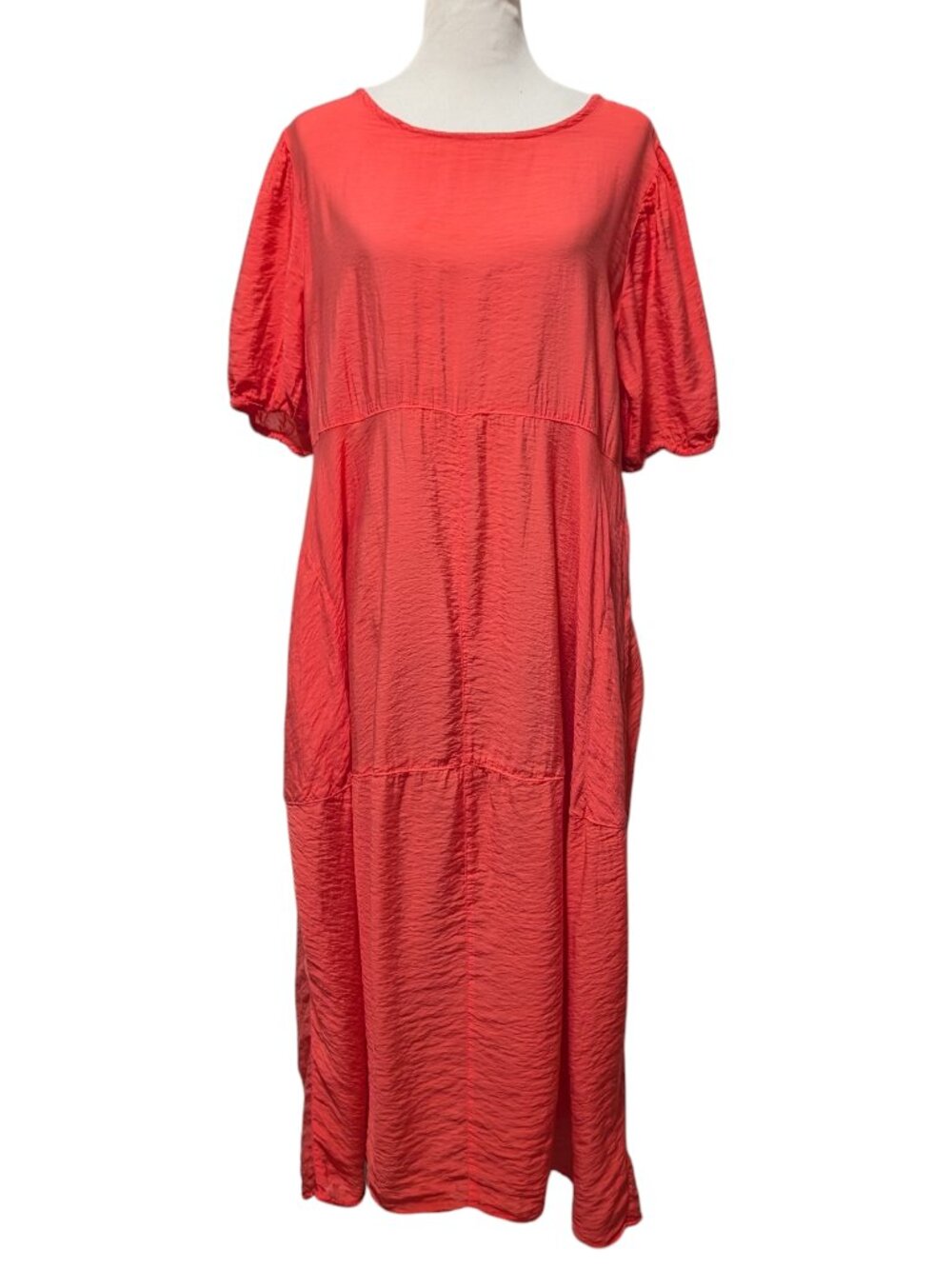 Cut Loose Womens Size L Coral Tiered Ruffle Side Pockets Rayon Nylon Midi Dress